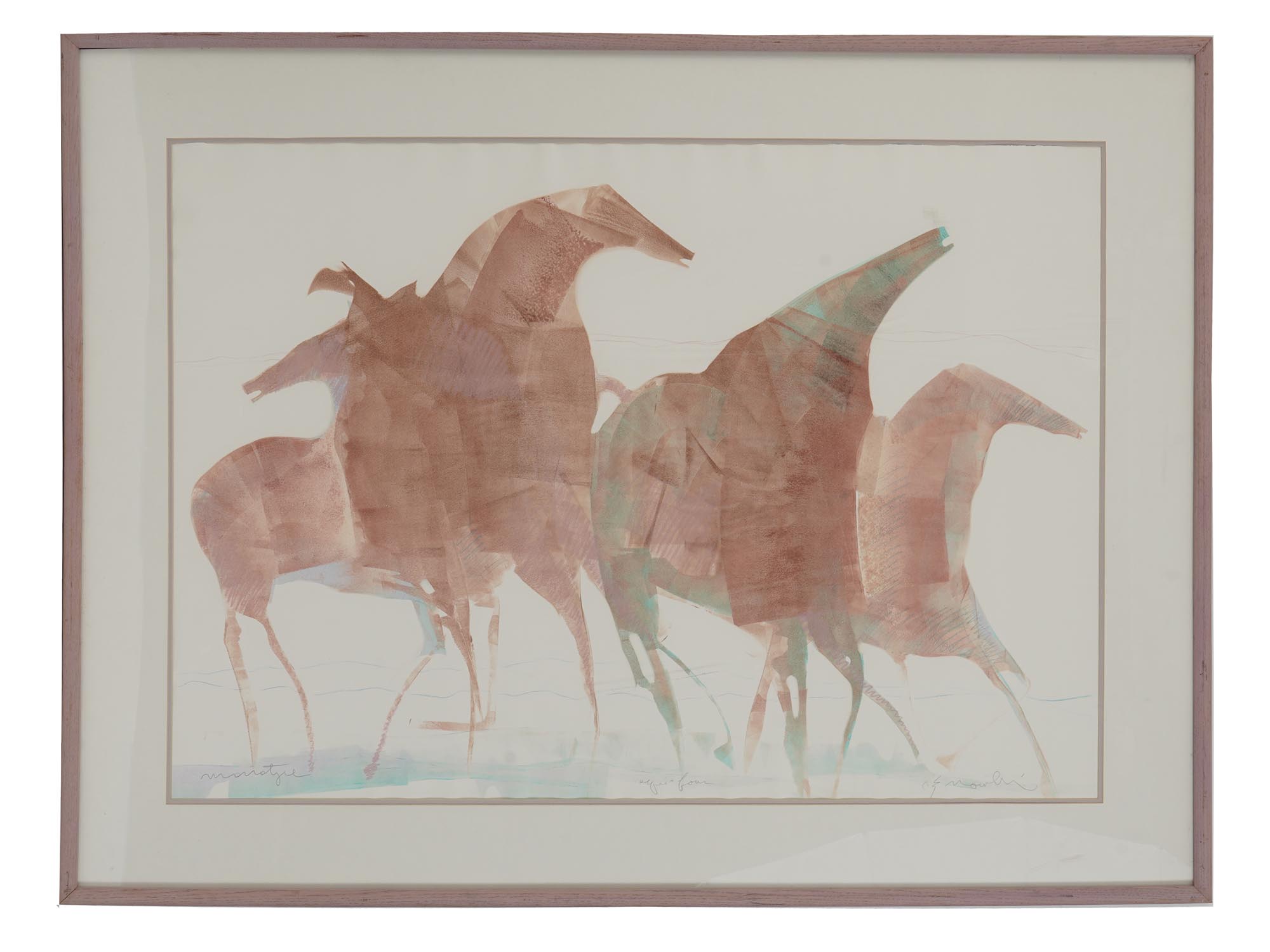 ABSTRACT WATERCOLOR PAINTING OF HORSES, SIGNED PIC-0